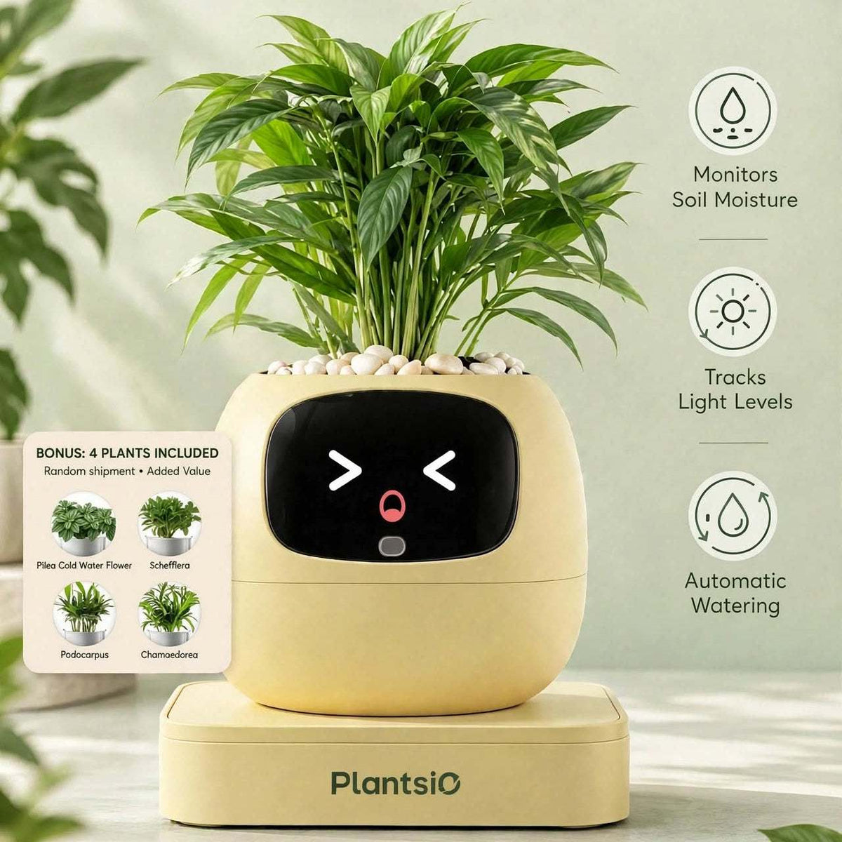 Smart Planter in a rounded cream pot with a black digital face, topped with leafy green plants and pebbles