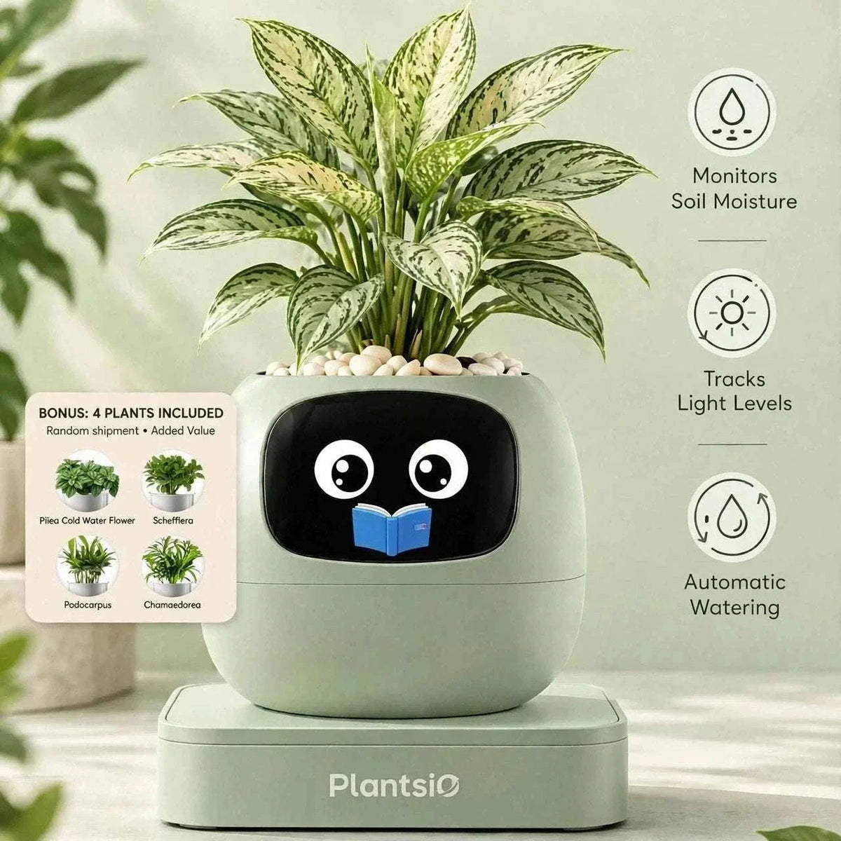 Smart Planter in pale sage green with a leafy variegated plant, playful face display and automatic watering base