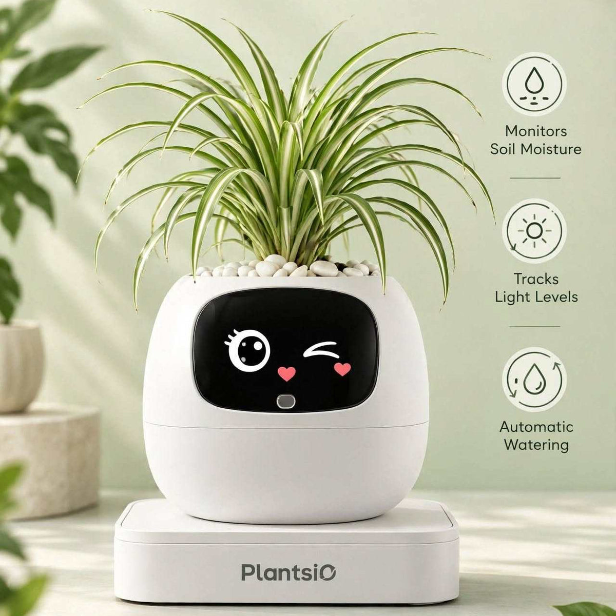 Smart Planter with a rounded white base, black animated face display and long green spider plant leaves