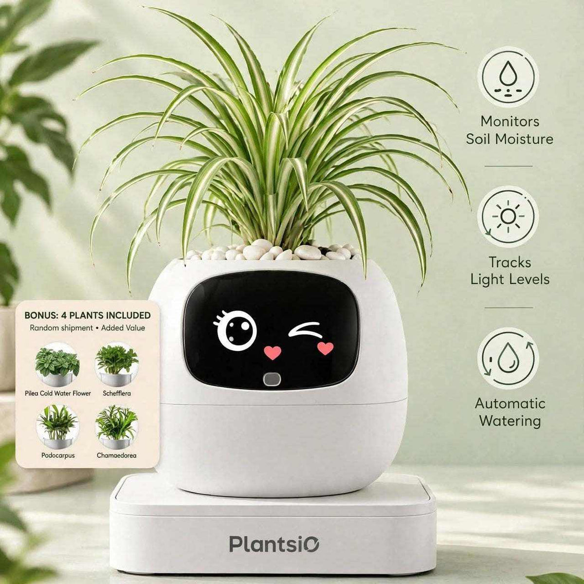 Smart Planter with a white rounded pot, black animated face display and green leafy plant in white pebbles